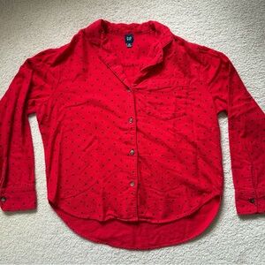 GAP Women's Red Button-Down Shirt with Navy Hearts